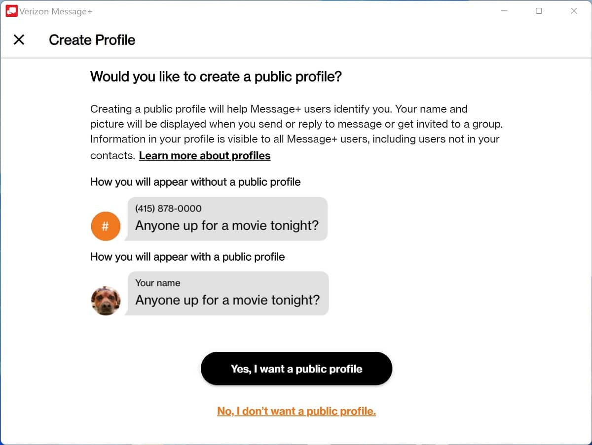 Message+ public profile 